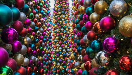 Ethereal cinematic display showcasing hundreds of diverse Christmas ornaments in brilliant jewel tones creating magical holiday atmosphere