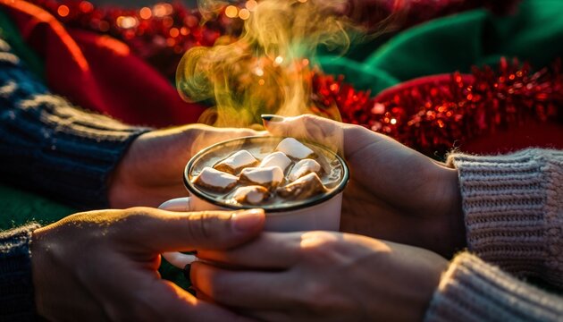 Intimate Winter Evening Shared Over Steaming Hot Chocolate With Marshmallows and Festive Holiday Lights