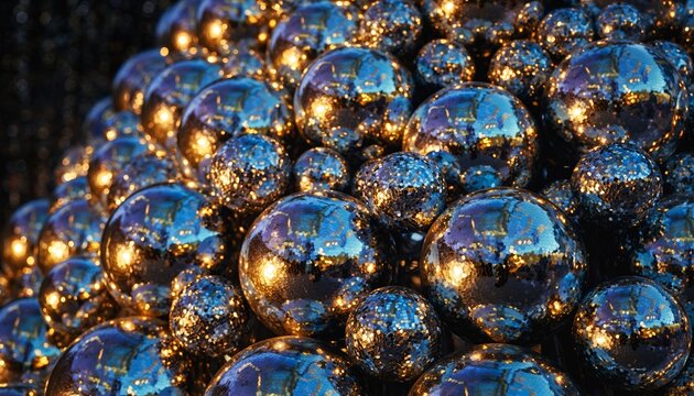 Luminous metallic spheres creating mesmerizing bokeh patterns with golden reflective highlights