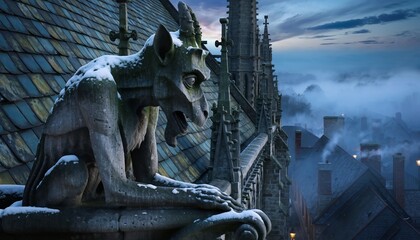 Weathered Stone Gargoyle Guardian Overlooking Misty Gothic Cathedral Rooftop During Twilight Winter Evening