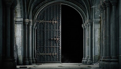 Heavy ornate iron door partially ajar in forgotten monastery corridor with gothic stone archways