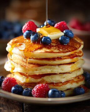 Pila de tortitas esponjosas doradas con bayas frescas y jarabe de arce goteando en la mesa de la cocina soleada para men&uacute; de desayuno de cafeter&iacute;a
