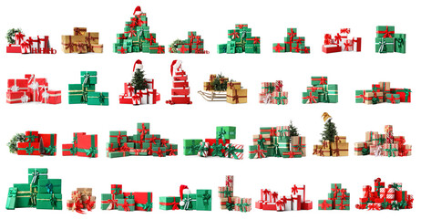 Fototapeta na wymiar Set of many Christmas gifts on white background