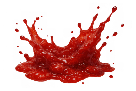 Red splashing thick liquid creating dynamic crown of drops, frozen motion of fruit puree or sauce against transparent background