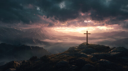 A golden cross on mountain peak at sunrise with dramatic clouds and mist evoking reverence and solitude