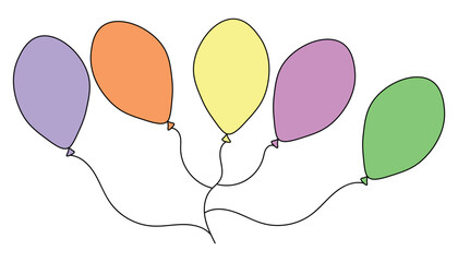 A cluster of five colorful, hand-drawn balloons floating together on strings, perfect for celebrations.