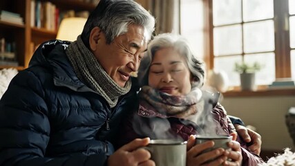 Elderly couple sitting indoors by a bright window, bundled in warm winter clothing while holding steaming mugs.