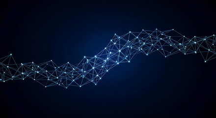 Abstract network connection structure with glowing nodes on a dark blue backdrop on transparent background