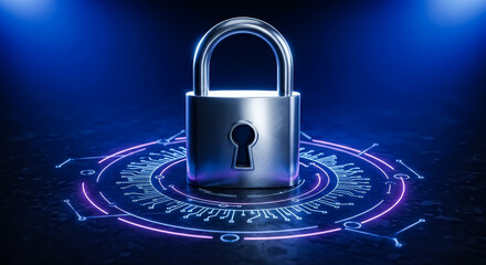 Silver padlock on a digital circuit board background representing data security on transparent background