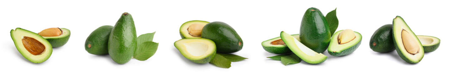 Set of fresh avocados on white background