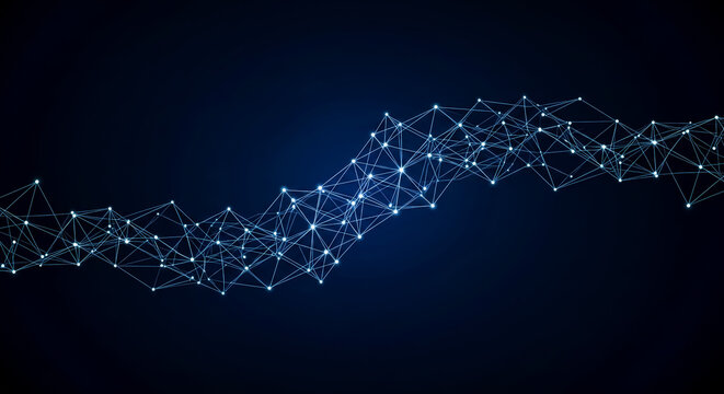 Abstract network connection structure with glowing nodes on a dark blue backdrop on transparent background
