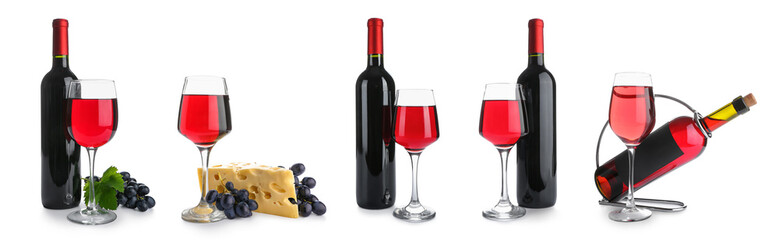 Collage of delicious wine on white background