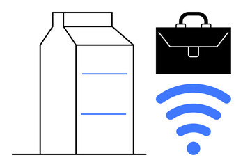 Simplified carton-style building, bold briefcase, and blue wireless signal. Ideal for business, connectivity, urbanization, innovation, technology networking and commerce. Simple flat metaphor