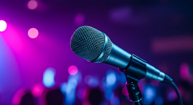 Microphone on stage with vibrant purple and blue lights in a concert setting on transparent background