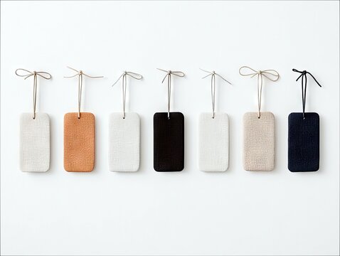 Six rectangular tags in different colors like white, beige, brown, black, and navy blue are hanging against a plain white background.