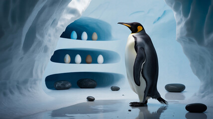 Illustration of a king penguin stands guard near its eggs in an icy cave habitat