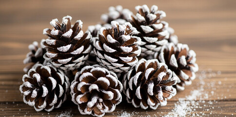 A close-up of snow-covered pine cones on a rustic wooden surface. A beautiful and simple composition for winter, Christmas, or nature themes.
