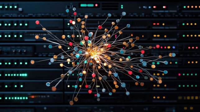 A complex, abstract network of colorful nodes and wires radiates from a bright, glowing center, set against a dark background of server racks with illuminated i