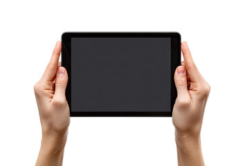 Close-up of hands holding a tablet.  Black tablet screen faces forward.  Hands positioned symmetrically.  Isolated on black background