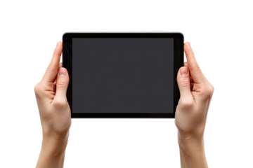 Close-up of hands holding a tablet.  Black tablet screen faces forward.  Hands positioned symmetrically.  Isolated on black background