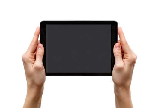 Close-up of hands holding a tablet.  Black tablet screen faces forward.  Hands positioned symmetrically.  Isolated on black background