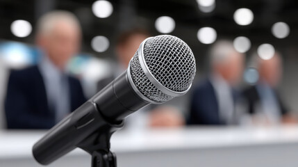 Conference microphone in focus with blurred panel speakers and bokeh lights creating tense atmosphere, professional event setting and public speaking energy