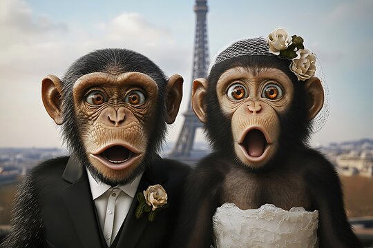 Chimpanzees, a bride and groom, showing shocked expressions while standing with the famous tower in the background