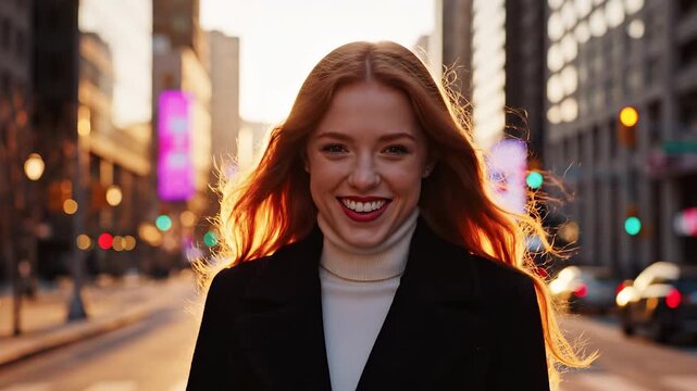 A woman stands confidently on a bustling city street, illuminated by the warm glow of the setting sun. The vibrant city street is filled with activity, capturing the essence of urb