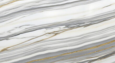 A close-up view of a polished white marble surface with diagonal grey and gold veins creating a luxurious pattern.
