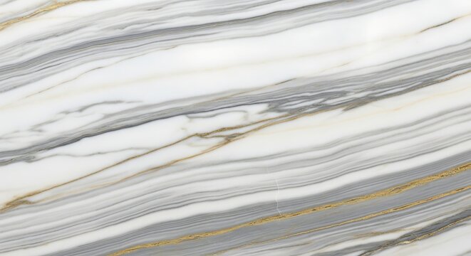 A close-up view of a polished white marble surface with diagonal grey and gold veins creating a luxurious pattern.