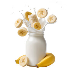 Fresh Banana Slices Splashing into Milk in a Glass Bottle