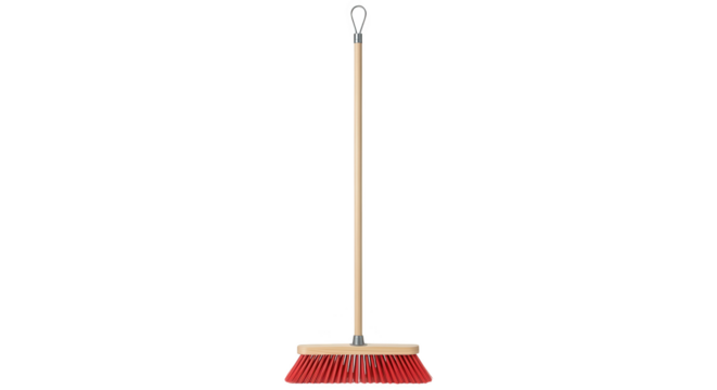 Red Bristle Broom With Wooden Handle Isolated On Black