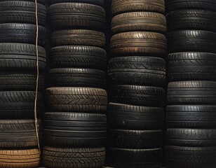 Stacks of Used Car Tires in a Dark Environment at a Tire Shop, full frame