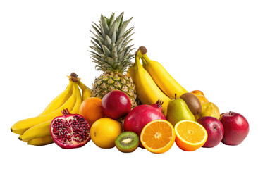 A vibrant pile of tropical and citrus fruits.  A pineapple, bananas, pomegranate, oranges, lemons, apples, kiwi, and pears are arranged in a visually appealing display. 