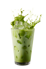 Vibrant Matcha Latte Splashing with Ice Cubes on a Transparent Background
