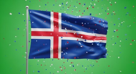Iceland flag waving on chromakey background with confetti. National symbol for independence day. Celebration of national holiday.