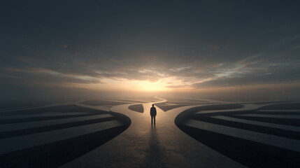 Fototapeta premium Solitary man standing at crossroads with winding paths toward glowing horizon, contemplative mood and dramatic sky at sunrise