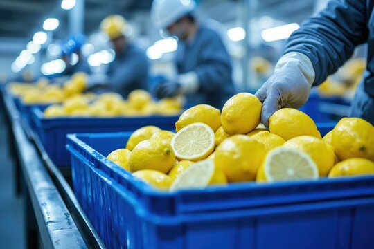 Workers sorting fresh lemons in a warehouse with blue containers for quality control and distribution in a lively industrial setting
