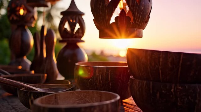 Beautiful wooden bowls rest on a rustic table, illuminated by the soft glow of the setting sun. The warm light enhances the wooden bowls and the natural textures around them.