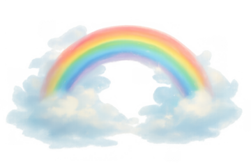 Arcing rainbow appearing between fluffy clouds with colorful spectrum illustration on a transparent background