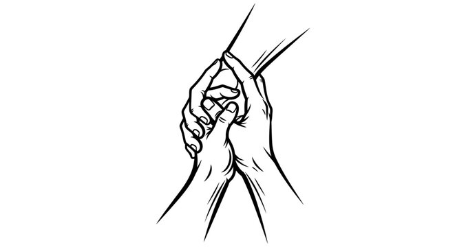 Two hands firmly grasping each other, illustrating concepts of support, help, and rescue in a black and white line drawing.