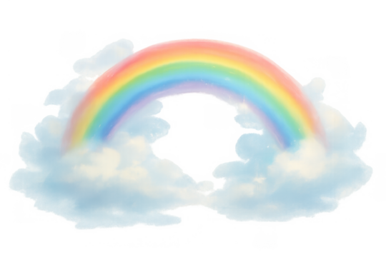 Arcing rainbow appearing between fluffy clouds with colorful spectrum illustration on a transparent background