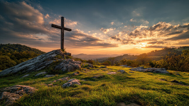 Wooden cross on rocky hilltop overlooks rolling hills at sunset with dramatic clouds and warm light creating peaceful, contemplative scene