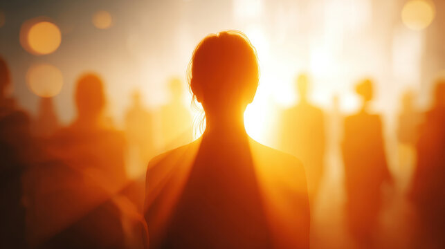 Silhouette person bathed in warm glowing light, focused attention amid blurred crowd creating dramatic backlit atmosphere and hopeful emotional tone