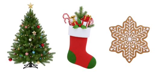 A collection of festive Christmas design elements including a Christmas tree, stocking, star, and snowflake, isolated on a white background. A charming holiday set.