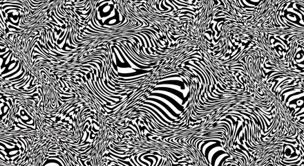 Abstract black and white background with swirling distorted lines and chaotic patterns.