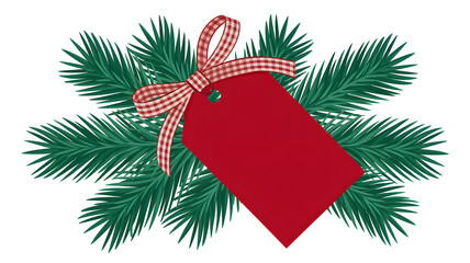 Christmas fir branch with red gift tag isolated on white background