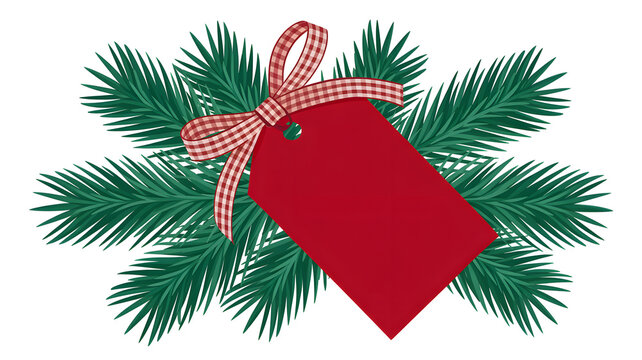 Christmas fir branch with red gift tag isolated on white background