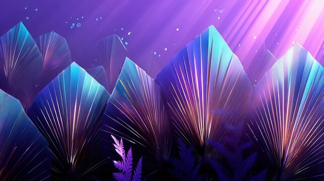 A surreal landscape featuring abstract, fan-shaped mountains in shades of purple and blue, illuminated by dramatic light rays and scattered glowing particles.