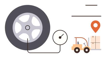 Large tire connected to an air pressure gauge alongside a forklift transporting a cargo crate with a location pin. Ideal for automotive services, logistics, transportation, machinery, efficiency © robu_s